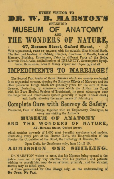 Pubblicità per il Museo di Anatomia e le Meraviglie della Natura del Dr W B Marston da English School