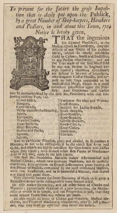 Pubblicità per Edward Pinchbeck, Orologio Musicale, Fleet Street, Londra, dal 1734 da English School