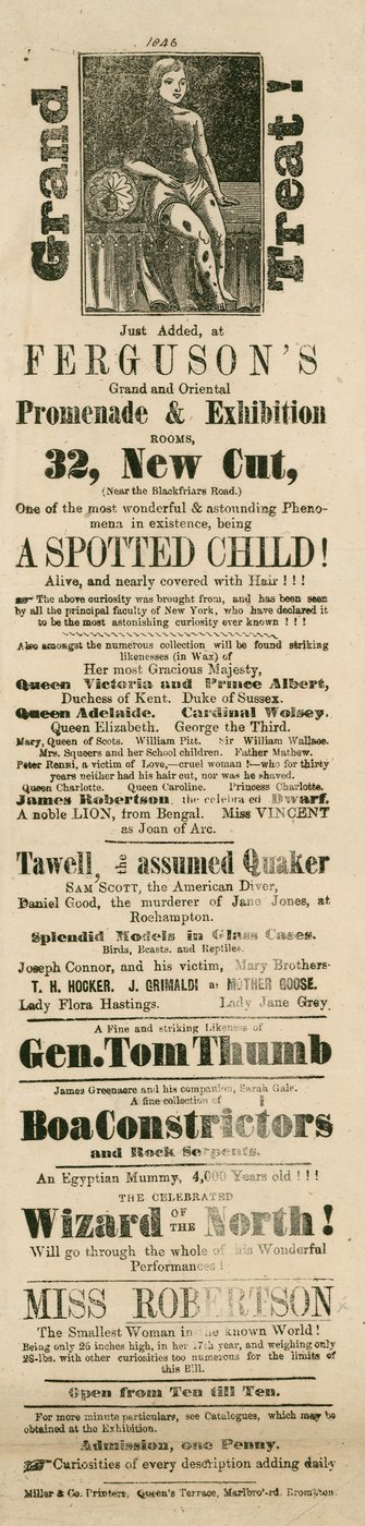 Pubblicità per la Grand and Oriental Promenade and Exhibition di Fergusons, 32 New Cut, Lambeth, Londra da English School
