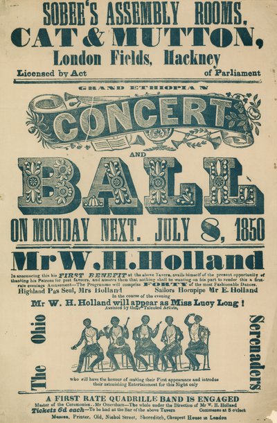 Annuncio per il Grand Ethiopian Concert and Ball, 8 luglio 1850, presso Sobees Assembly Rooms da English School