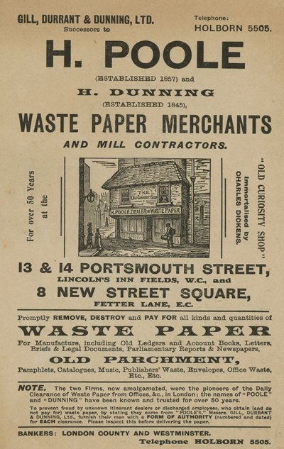Pubblicità per H Poole e H Dunning, commercianti di carta straccia e appaltatori di mulini da English School