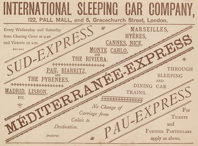 Pubblicità per International Sleeping Car Company, 122 Pall Mall e 5 Graceshurch Street, 1888 da English School