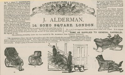 Pubblicità di J Alderman, produttore di carrozze per invalidi (incisione) da English School