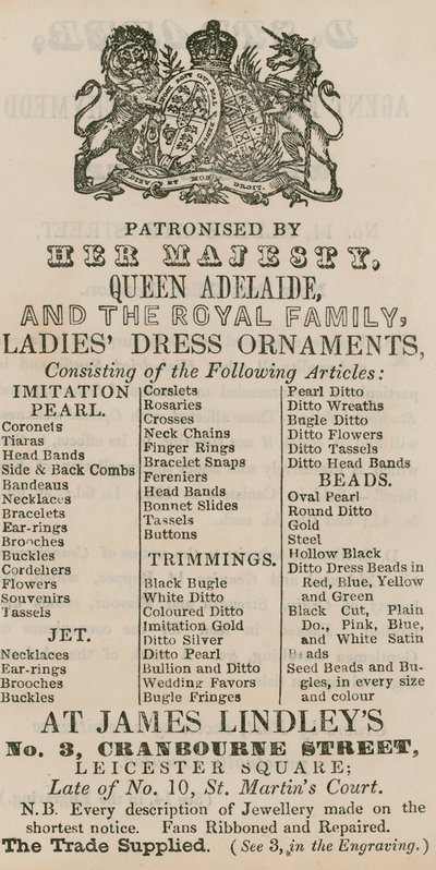 Pubblicità per James Lindleys, 3 Cranbourne Street, Leicester Square, Londra da English School