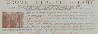 Pubblicità per Jerome Thibouville-Lamy, 10 Charterhouse Street, Londra, fabbricante di strumenti da English School