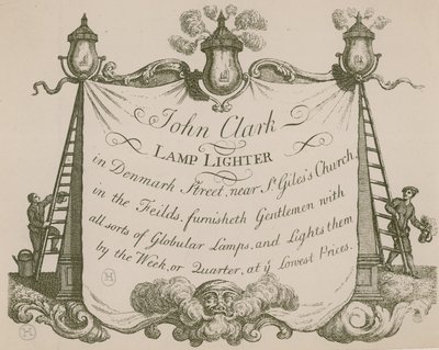 Pubblicità per John Clarke, accenditore di lampade, Denmark Street, Londra da English School