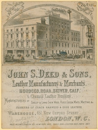 Pubblicità per John S Deed & Sons, produttori e commercianti di pelle, 451 New Oxford Street, Londra da English School