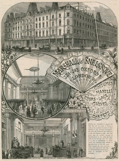 Pubblicità per Marshall & Snelgrove, mercanti di seta, lacemen, hosiers, di Vere Street, Oxford Street, Londra da English School