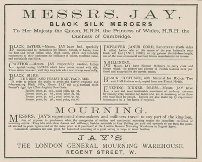 Pubblicità per Messrs Jay, The London General Mourning Warehouse, Regent Street da English School