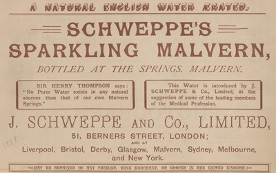 Pubblicità per Schweppes Sparkling Malvern, imbottigliata alle sorgenti, Malvern da English School