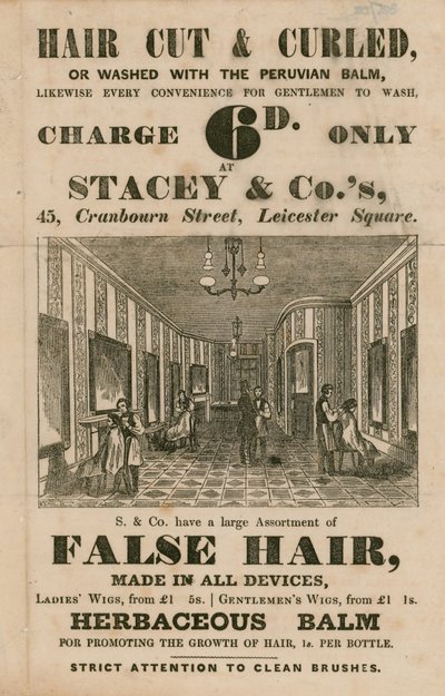 Pubblicità per Stacey & Co., 45 Cranbourne Street, Leicester Square, Londra, parrucchieri da English School