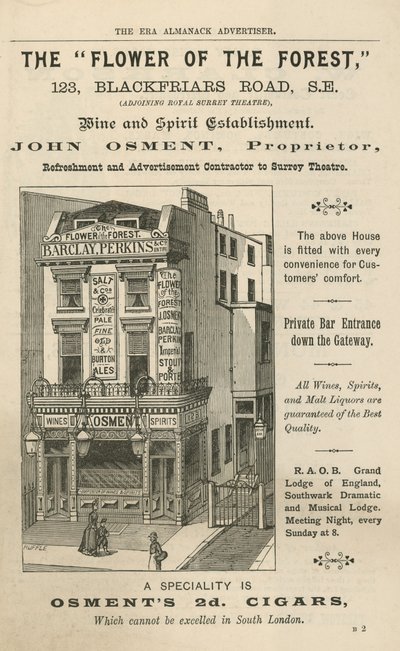 Pubblicità per The Flower of the Forest, 123 Blackfriars Road, Londra da English School