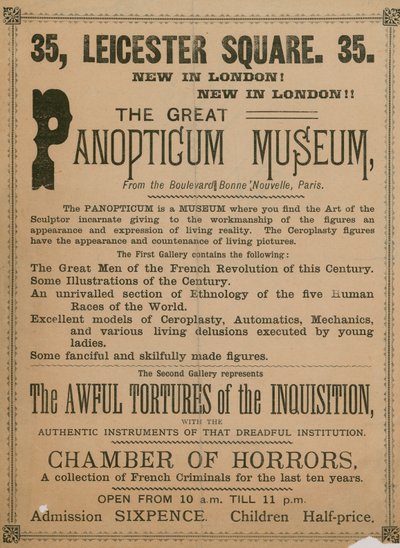 Pubblicità per The Great Panopticum Museum, 35 Leicester Square, Londra, 1854 da English School