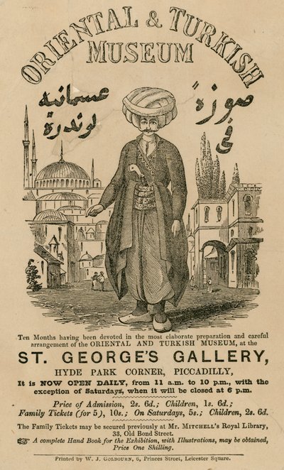 Pubblicità per The Oriental and Turkish Museum alla St Georges Gallery, Hyde Park Corner, Piccadilly, Londra da English School