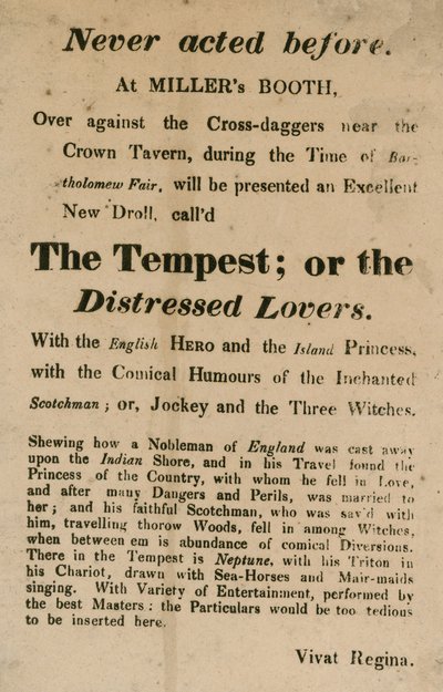 Annuncio per La Tempesta; o, Gli Amanti Distressati, eseguita al Millers Booth, Cross Daggers, vicino alla Crown Tavern da English School