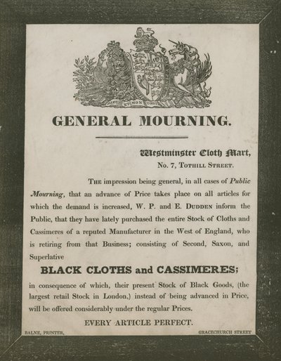Pubblicità per W P e E Dudden, Westminster Cloth Mart, 7 Tothill Street da English School