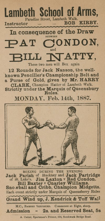 Pubblicità per un incontro di boxe tra Pat Condon e Bill Natty da English School