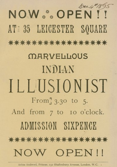 Pubblicità per un illusionista indiano che appare al 35 Leicester Square, Londra da English School
