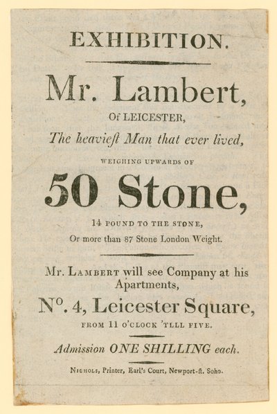 Pubblicità per una mostra con il signor Daniel Lambert che pesava 50 pietre da English School