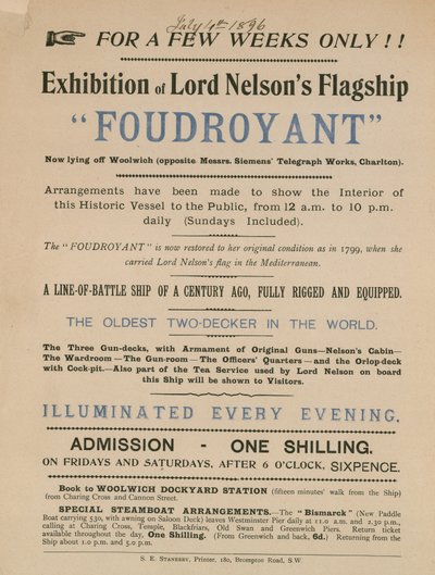 Annuncio per una mostra della nave ammiraglia di Lord Nelson, Foudroyant da English School