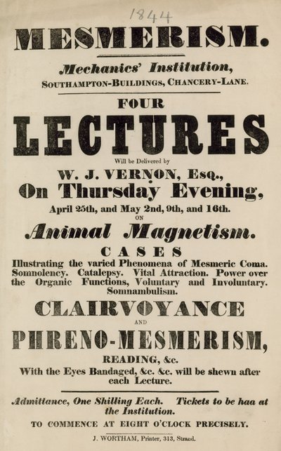 Annuncio per lezioni di Mesmerismo al Mechanics Institute da English School