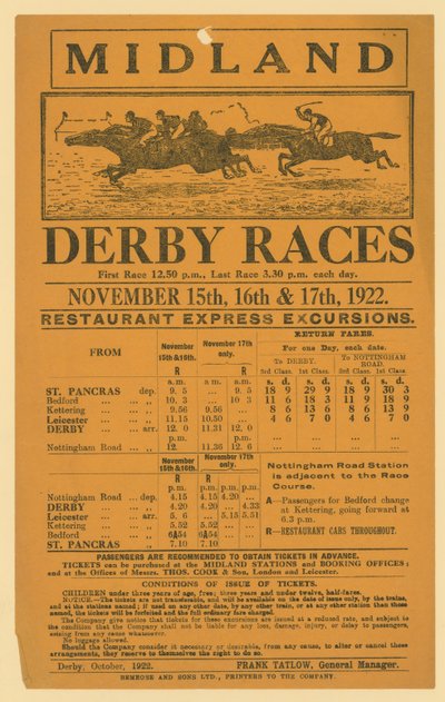 Pubblicità per escursione ferroviaria alle corse di Midland Derby, 15-17 novembre 1922 da English School