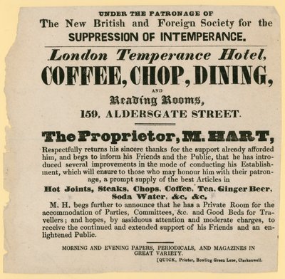 Pubblicità per il London Temperance Hotel, sotto il patrocinio della New British and Foreign Society for the Suppression of Intemperance da English School