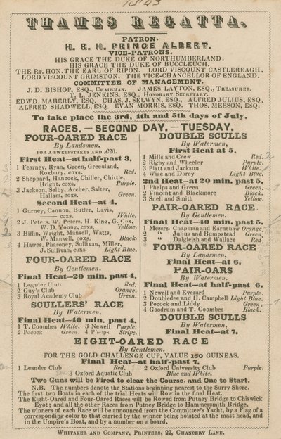 Annuncio per la Regata del Tamigi, 1843 da English School