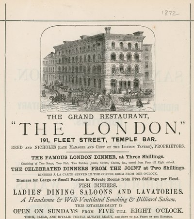 Pubblicità per il grande ristorante The London, 191 Fleet Street, Temple Bar da English School