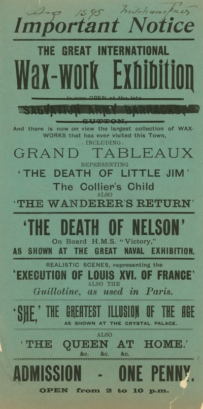 Pubblicità per la grande Esposizione Internazionale di Cere, Fiera di Mitcham, agosto 1895 da English School