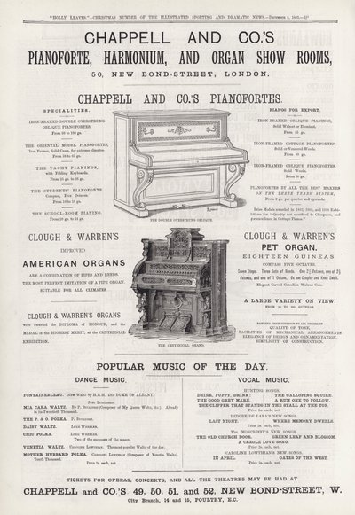 Pubblicità per le Sale Espositive di Pianoforti, Harmonium e Organi di Chappell e Co da English School
