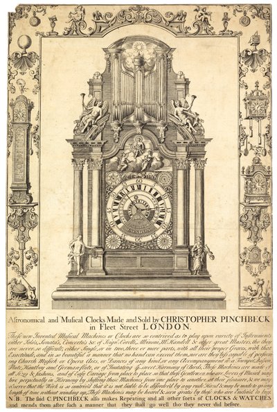 Pubblicità per gli orologi astronomici e musicali di Christopher Pinchbeck da English School