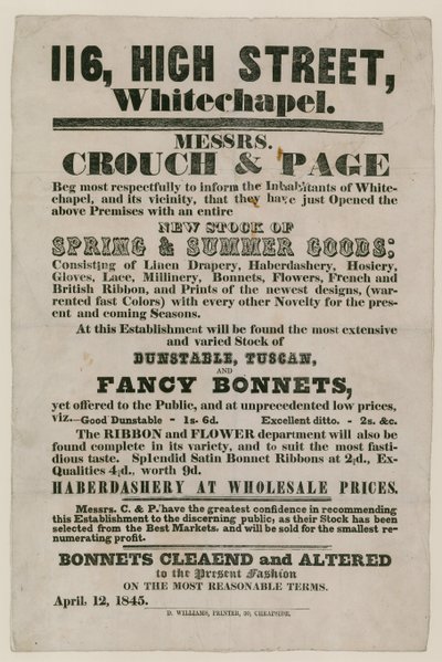 Pubblicità per Crouch and Page, 116 High Street, Whitechapel da English School