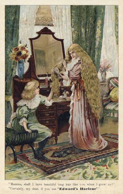 Pubblicità per il produttore e restauratore di capelli Edwards Harlene da English School