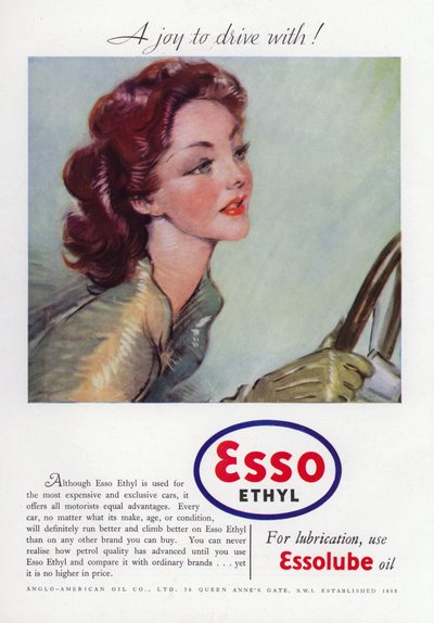 Pubblicità per Esso Ethyl Oil, che mostra una donna glamour alla guida, 1937 da English School