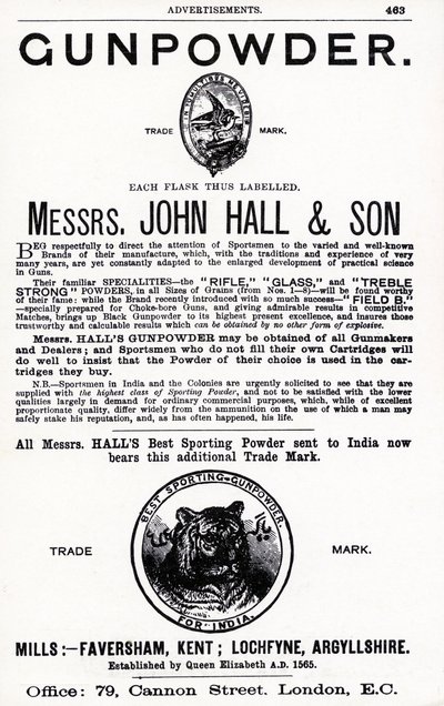 Pubblicità per Polvere da Sparo di Messrs. John Hall & Son da English School