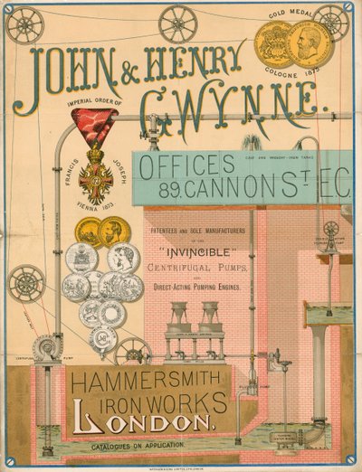Pubblicità per John e Henry Gwynne, 89 Cannon Street, Londra, produttori della pompa centrifuga Invincible da English School