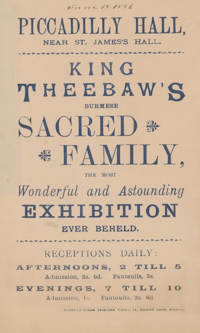 Pubblicità per la famiglia sacra birmana di Re Theebaw da English School