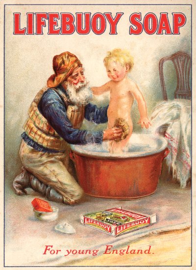 Pubblicità per il sapone Lifebuoy che mostra un bagnino che fa il bagno a un bambino da English School