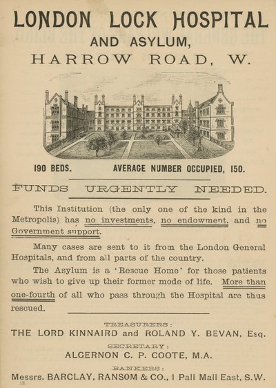 Pubblicità per il London Lock Hospital e Asilo, Harrow Road, Londra da English School