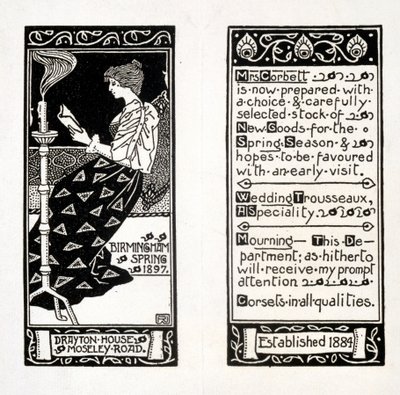 Pubblicità per Mrs Corbett a Drayton House, Birmingham, 1897 da English School