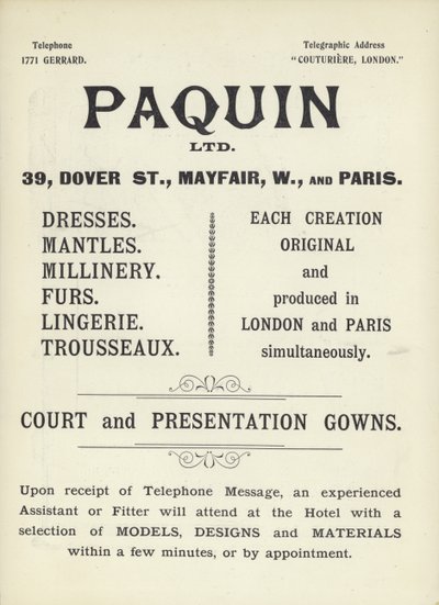 Pubblicità per Paquin, sartoria da English School