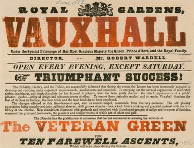 Annuncio per il Royal Garden, Vauxhall; Vauxhall Gardens, Londra da English School