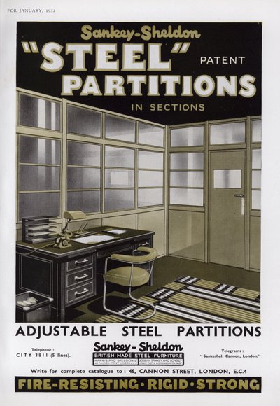 Pubblicità per le partizioni in acciaio Sankey-Sheldon, 1937 da English School