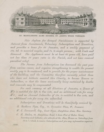 Pubblicità per le case di beneficenza di St Marylebone da English School