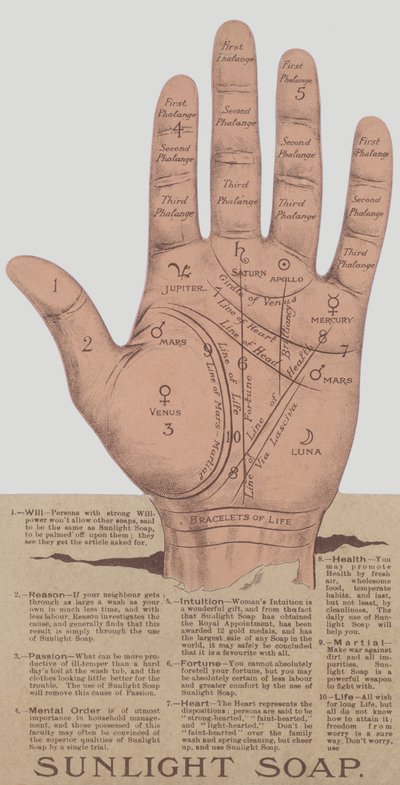 Pubblicità per il sapone Sunlight che mostra le linee e le caratteristiche di una mano che permettono a un chiromante di predire il futuro di qualcuno (cromolitografia) da English School