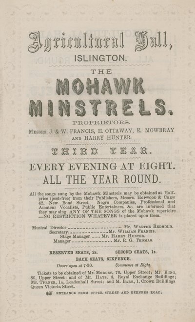 Pubblicità per i Mohawk Minstrels alla Sala dell