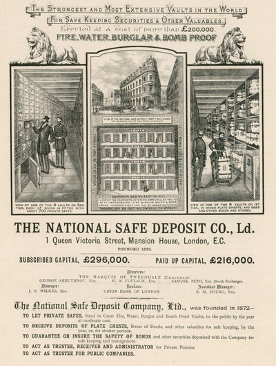 Pubblicità della National Safe Deposit Company, 1 Queen Victoria Street, Mansion House, Londra da English School