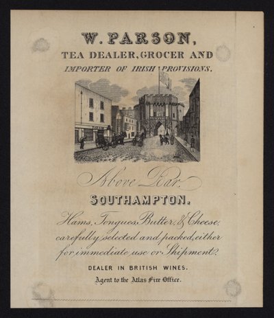 Pubblicità per W Parson, commerciante di tè, droghiere e importatore di prodotti irlandesi, Southampton, Hampshire da English School