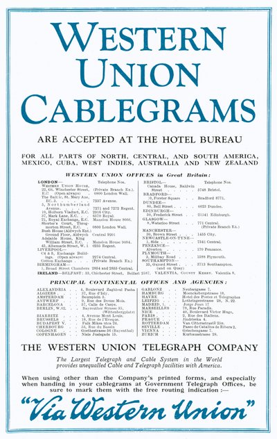 Pubblicità per Western Union Cablegrams (litografia a colori) da English School